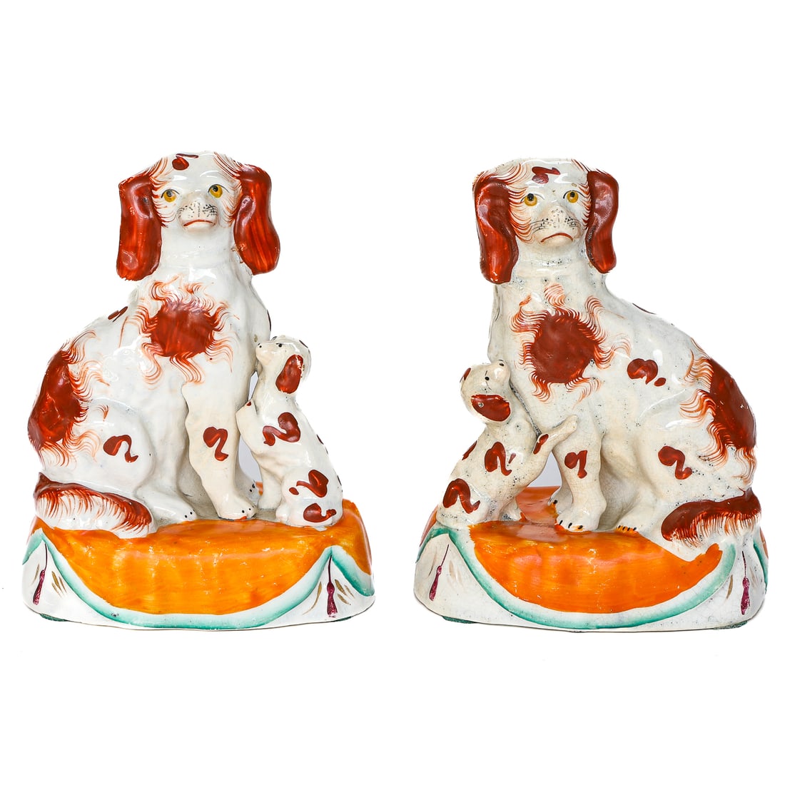 19th C. English Staffordshire Pottery Spaniels with Pups, Pair (1 of 5)