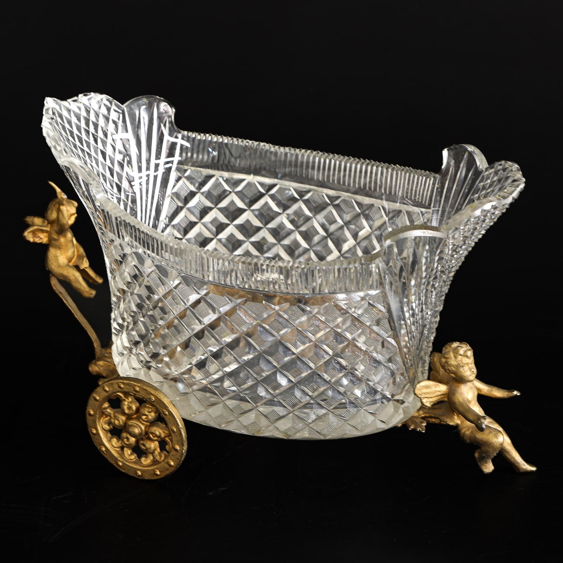 Antique French Style Gilt Spelter Cart Featuring Two Putti Housing Cut Glass Oval Shaped Bowl (1 of 5)