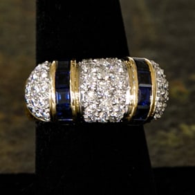 18K Yellow Gold Blue Sapphire and Diamond Ring, Size 7.75
