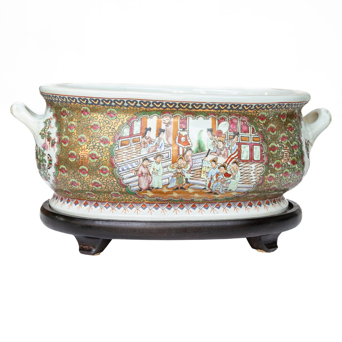 Oriental Porcelain Oval Foot Tub: Oriental Porcelain Oval Foot Tub, Having Porcelain Handles, Atop Floral, Bird and Butterfly Panels, Center Figural Courtyard Scene Panel, Surrounded by Floral Designs, Resting on Companion Oval Wooden