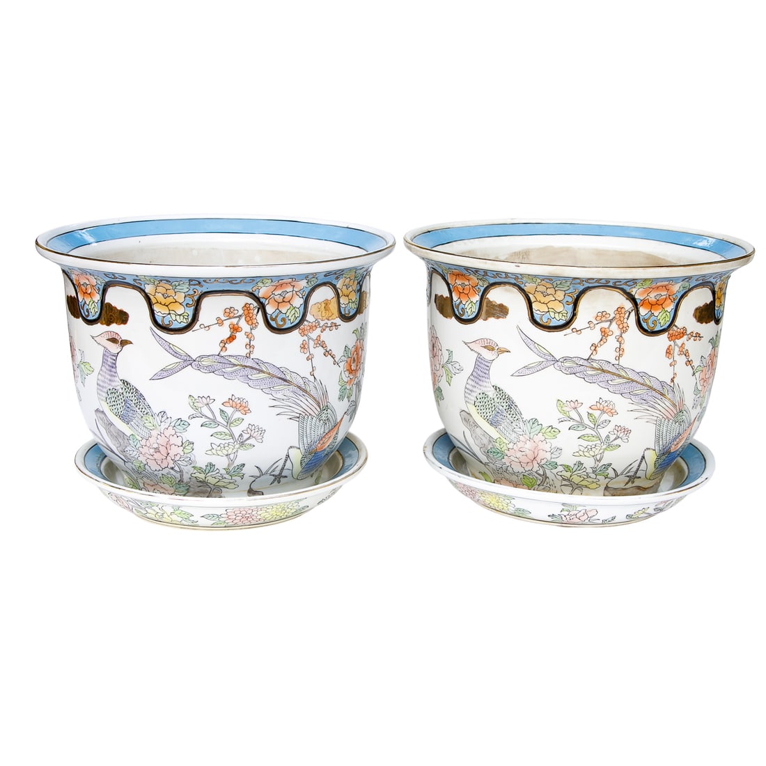Vintage Chinese Porcelain Circular Planters with Companion Under Plates, Pair (1 of 9)