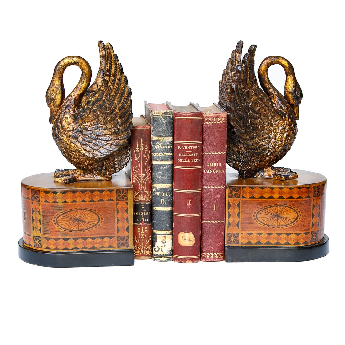 Swan Form Bookends, Pair, Along with Four Leather Bound Books (1 of 6)