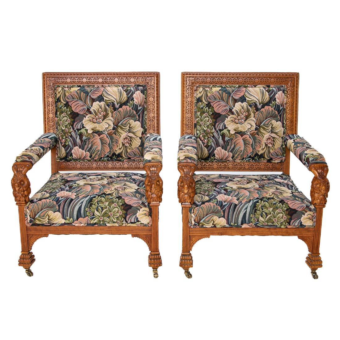 Early 20th C. American Victorian Cherry Carved Arm Chairs, Pair (1 of 9)