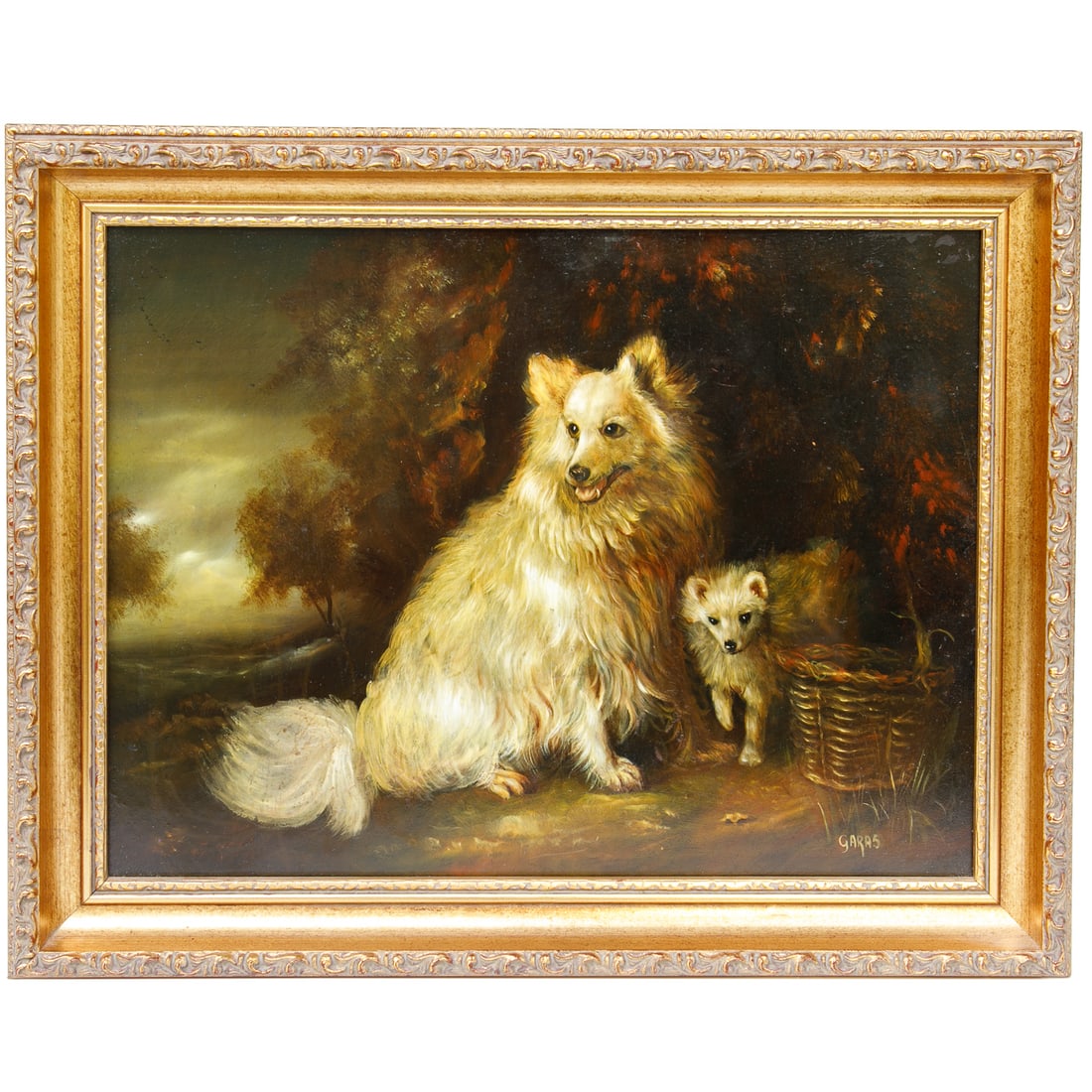 Vintage Animal Scene, Oil on Artist Board, Depicting White Fluffy Seated Mother Dog and Standing Pup (1 of 5)