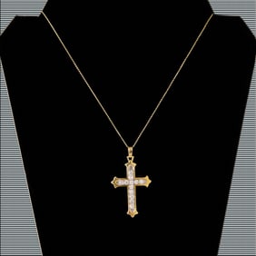 14K Yellow and White Gold Natural Diamond Cross Pendant