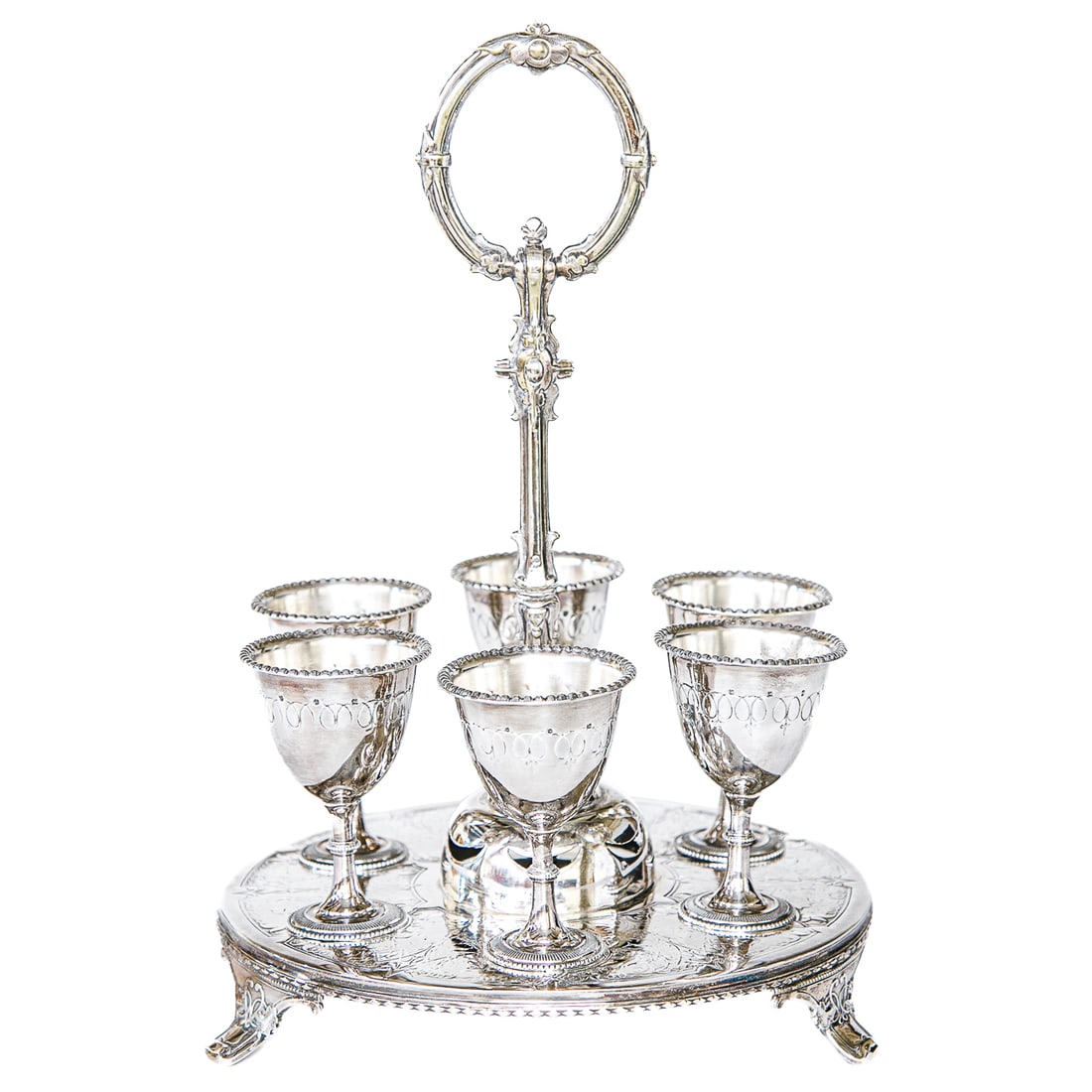 Antique William Gallimore and Co. Silver Plated Egg Cruet and Six Egg Cups: Antique William Gallimore and Co. Silver Plated Egg Cruet and Six Egg Cups, Dated 1836-1891, Having Circular Handle, Fluted Columnar Support, Resting on Circular Embossed Base, Terminating in Three Sp