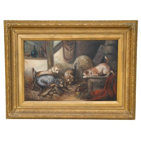 19th C. Interior Scene with Terriers, Oil on Canvas