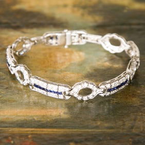7.5 Inch Art Deco Platinum Diamond and Blue Sapphire Bracelet