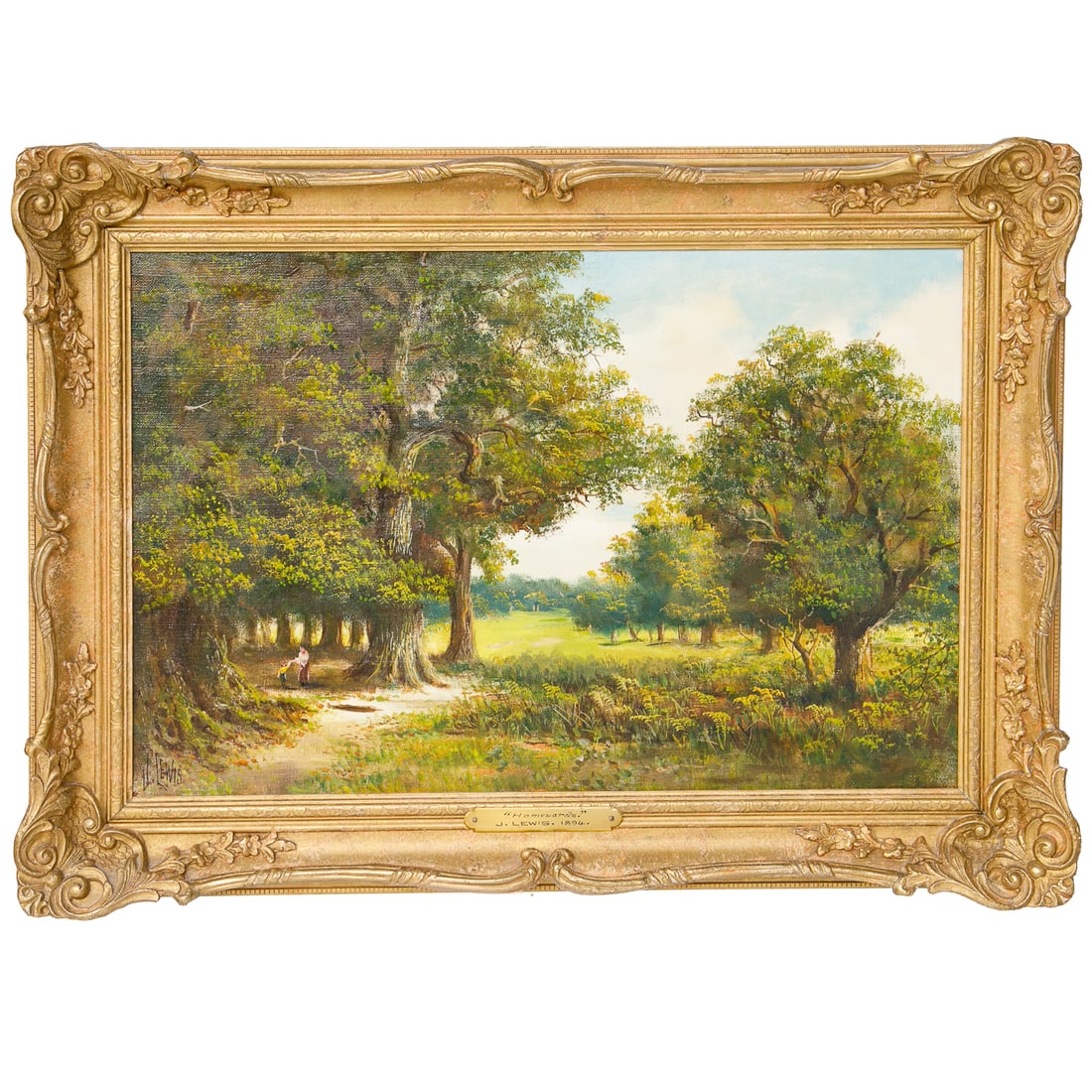 19th C. John Lewis Landscape Scene, Oil on Canvas, Titled Homewards: 19th C. John Lewis Landscape Scene, Oil on Canvas, Titled Homewards, Depicting Mother and Child Walking Path Towards Home, Signed Lower Left, Brass Artist Plaque, Dated 1894, Housed in Gold Leaf Frame
