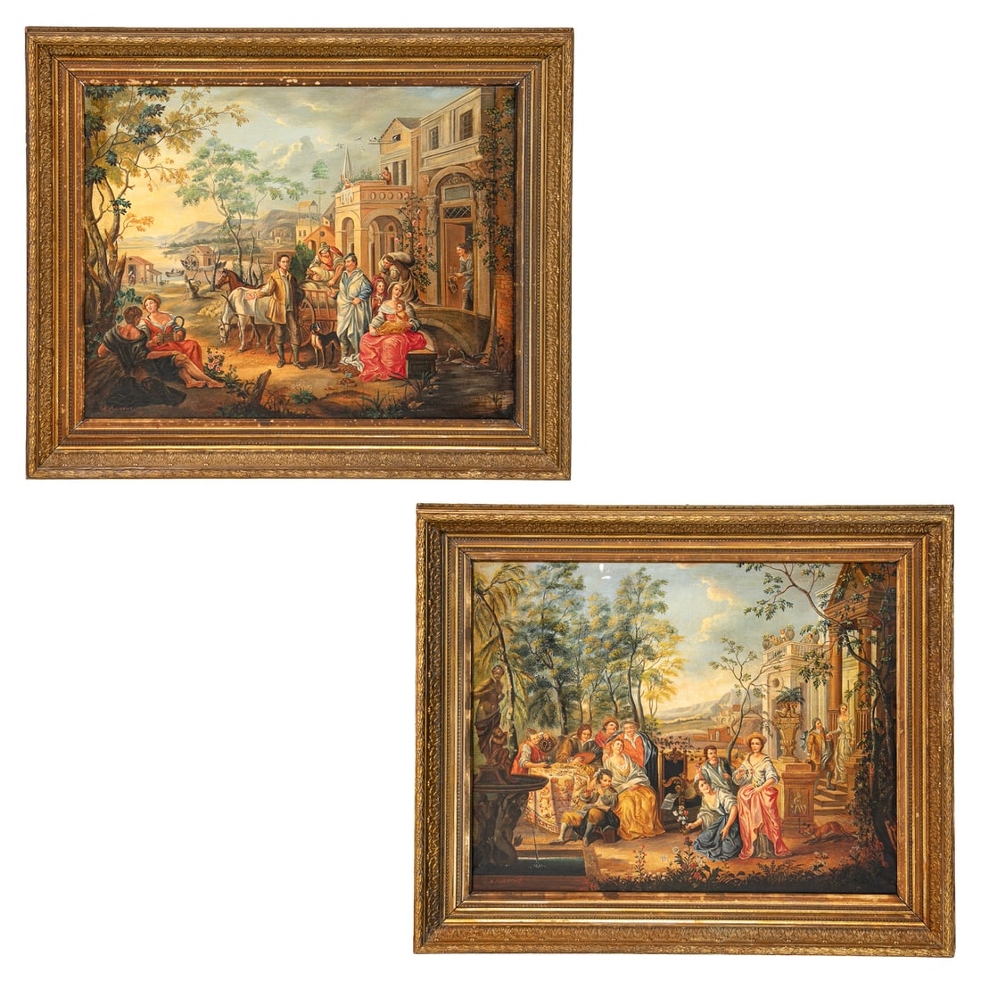 Antique. H. Andrews Village and Courtyard Scenes, Oil on Canvas, Companion Pair (1 of 11)
