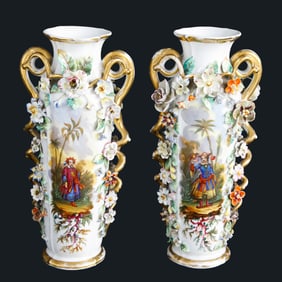 Old Paris Style Porcelain Floral Vases, Pair