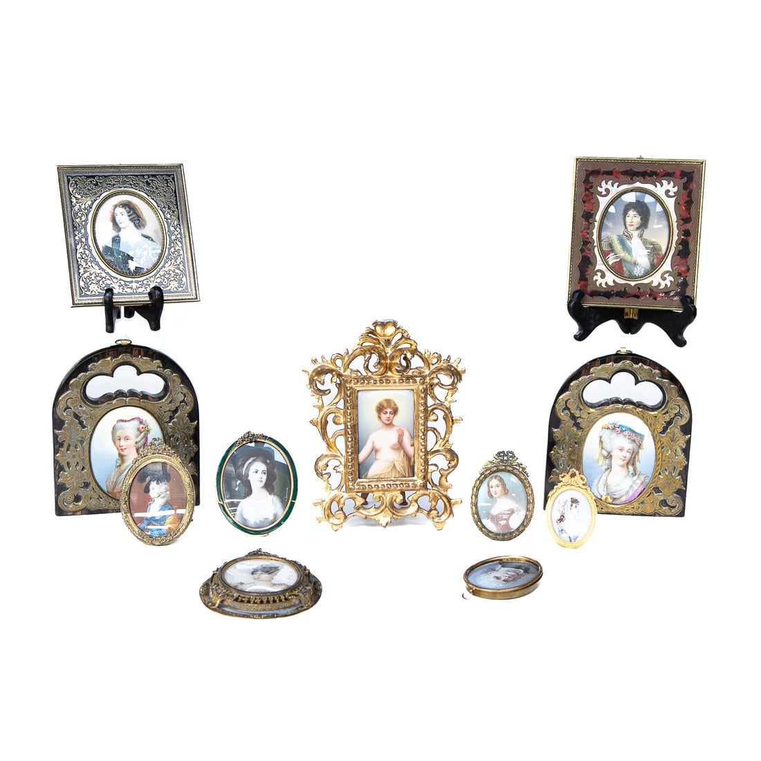 Framed Female and One Framed Male Bust Portrait Plaques, Eleven Total: Framed Female and One Framed Male Bust Portrait Plaques, Eleven Total, Includes Companion Pair of Female Hand Painted Porcelain Portrait Plaques, One Facing Left and One Facing Right, Both Wearing Hat