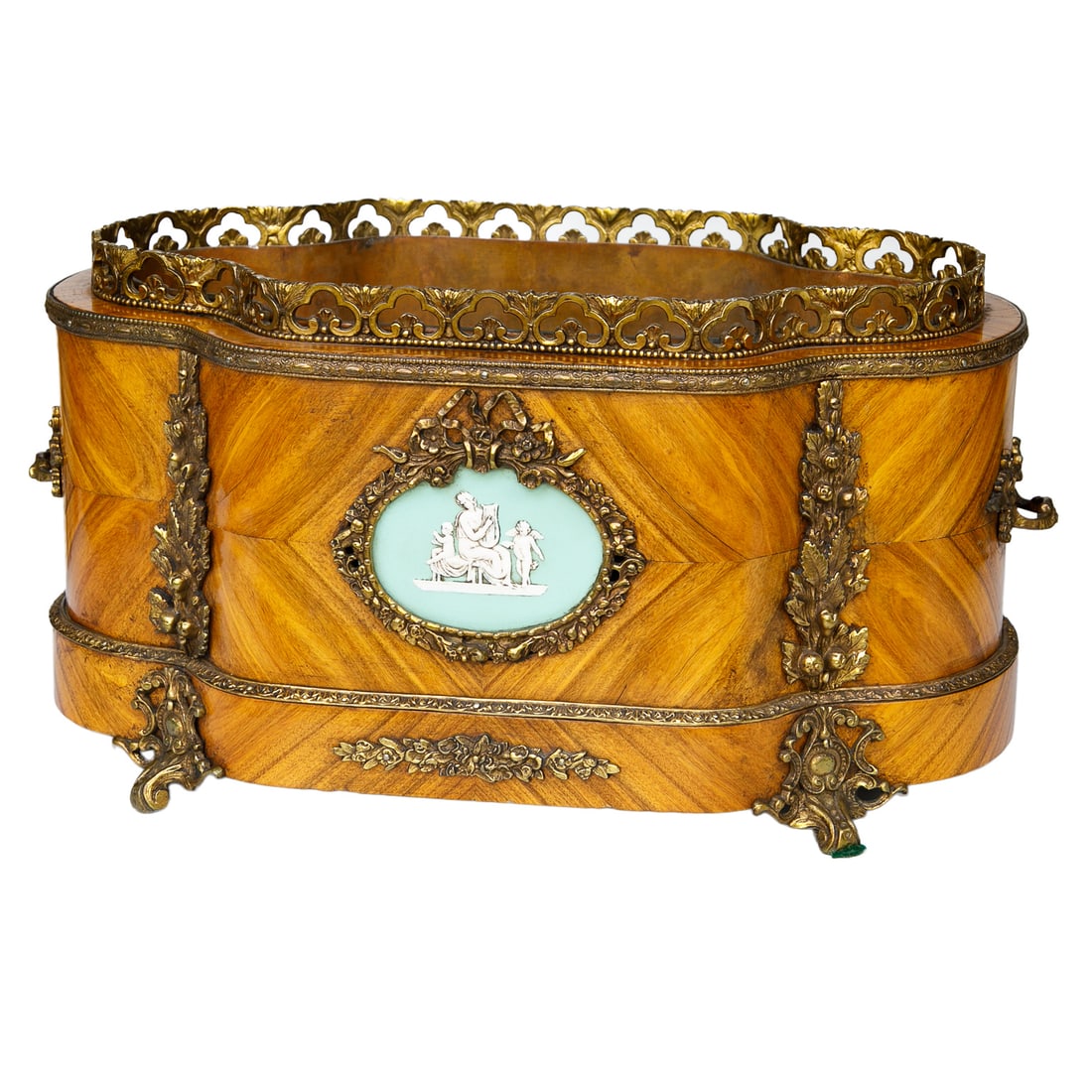 Louis XV Style Kingswood Bronze Mounted Shaped Jardiniere Featuring Wedgwood Style Plaque: Louis XV Style Kingswood Bronze Mounted Shaped Jardiniere Featuring Wedgwood Style Plaque, Having Pierced Bronze Mounted Gallery, Bronze Mounted Edges, Bronze Leaf Handles, Foliate and Berry Bronze Mo