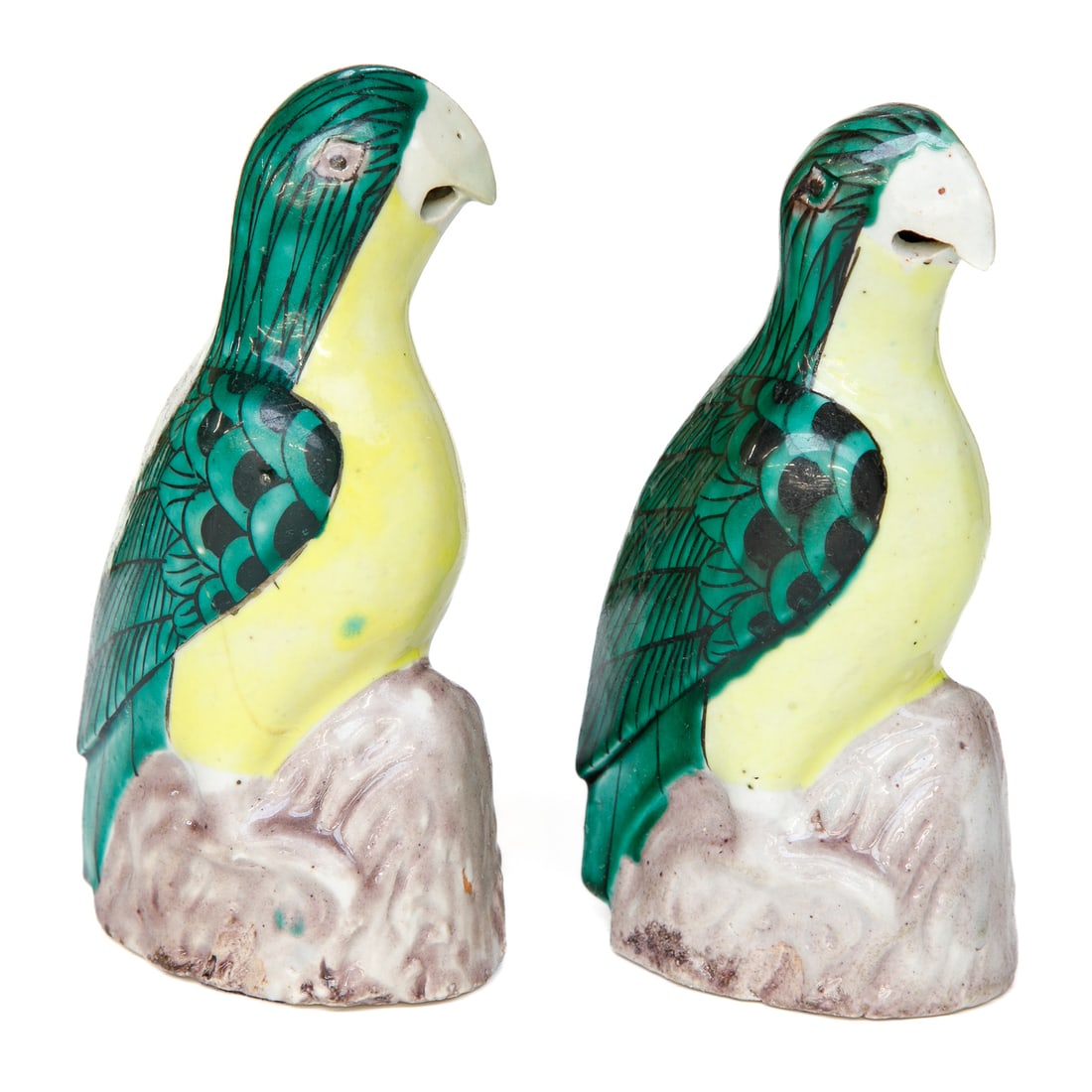 19th C. Chinese Qianlong Style Famille Verte Glazed Parrots, Pair: 19th C. Chinese Qianlong Style Famille Verte Glazed Parrots, Pair, Having Emerald Green Feathers, Yellow Breasts, Resting on Rock Formation, One Facing Left and One Facing Right. 2.25" Wide, 3.25" Dee