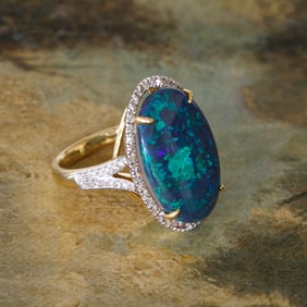 18K Yellow Gold Opal and Diamond Ring, Size 6.75