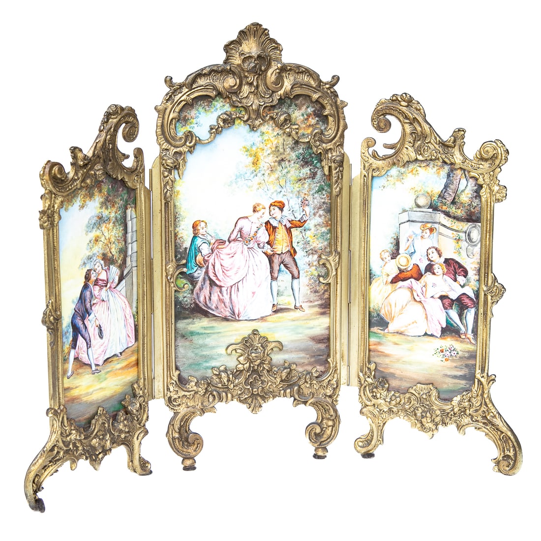 Austrian Viennese Three Part Enamel on Copper Dore Bronze Mounted Table Screen (1 of 4)