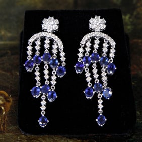 18K White Gold Blue Sapphire and Diamond Chandelier Earrings
