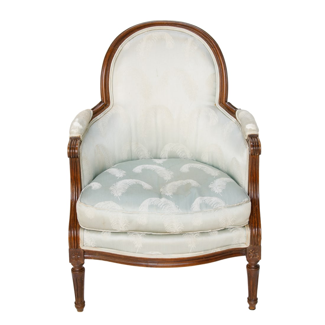 19th C. Louis XVI Style Oak and Beech Wood Arm Chair: 19th C. Louis XVI Style Oak and Beech Wood Arm Chair, Having Medallion Shaped Back, Scroll Shaped Arms, Upholstered Manchettes, Shaped Apron, Rosetta Carved Die Joints, Resting on Tapered Fluted Legs,