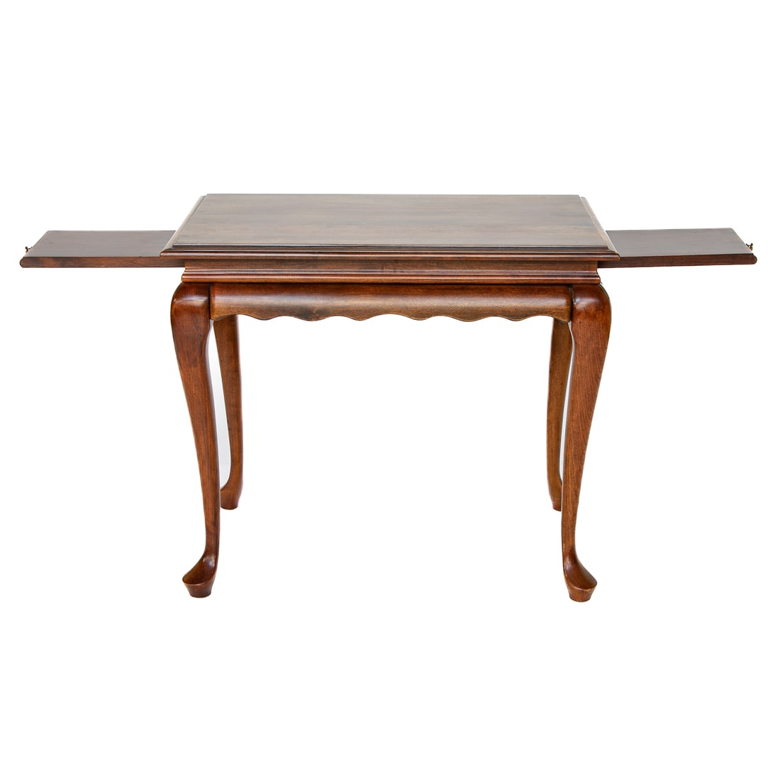 Vintage Cherry Queen Anne Style Tea Table: Vintage Cherry Queen Anne Style Tea Table, Having Pull Out Candle Slides on Each End, Shaped Apron, Resting on Cabriole Legs, Terminating in Pad Feet. 28" Wide, 18" Deep, 24" High (Top Has Some Sun Fa