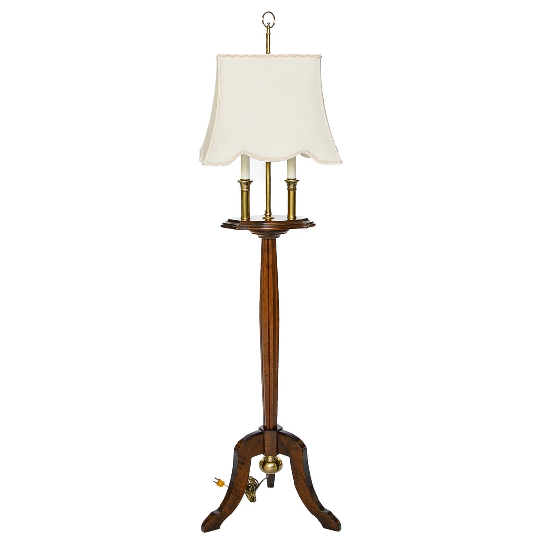 Vintage Frederick Cooper, Chicago, Wood and Brass Floor Lamp: Vintage Frederick Cooper, Chicago, Wood and Brass Floor Lamp, Having Brass Ring Pull at Top, Brass Center Support, Two Brass Corinthian Column Candlesticks, Resting on Shaped Plinth Platform, Resting