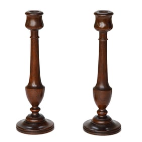 Vintage Mahogany Candlesticks, Pair