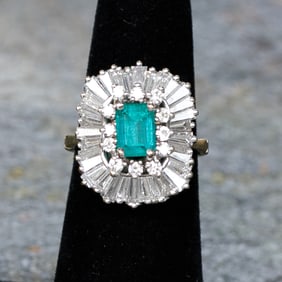 18K Ballerina Style Emerald and Diamond Ring, Size 5.75