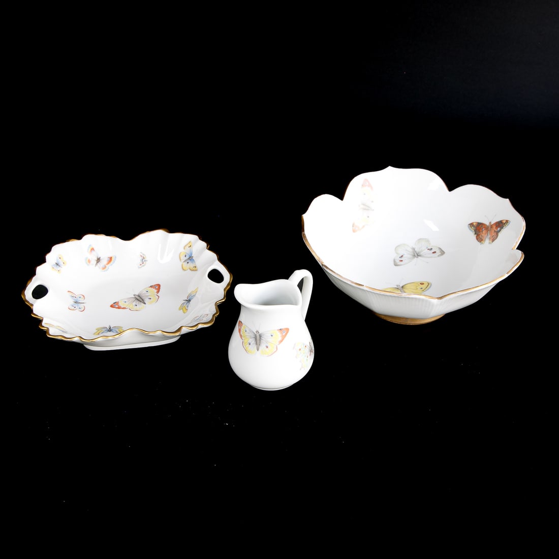 Group of French Limoges Porcelain Pieces, Three Total: Group of French Limoges Porcelain Pieces, Three Total, in Butterfly Pattern, Includes Bernardaud & Co. Creamer, Marked on Bottom, 4.25" Wide, 3.25" Deep, 3.75" High; Along with Shaped Bowl, Having Lea