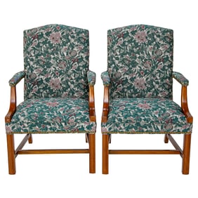 Chippendale Cherry Finish Gainsborough Style Arm Chairs, Pair