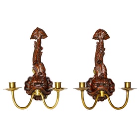 Vintage Maitland-Smith Carved Wood and Brass Dolphin Fish Two Branch Wall Sconces, Pair