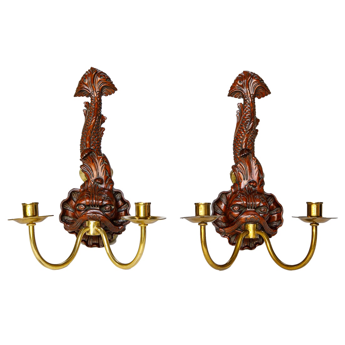 Vintage Maitland-Smith Carved Wood and Brass Dolphin Fish Two Branch Wall Sconces, Pair (1 of 7)