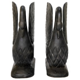 Vintage Hand Carved Wood Ebony Swans, Pair