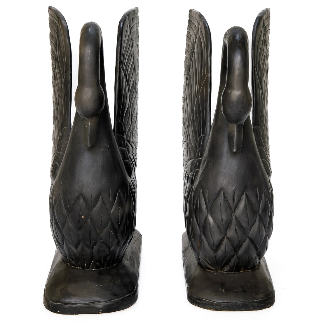 Vintage Hand Carved Wood Ebony Swans, Pair: Vintage Hand Carved Wood Ebony Swans, Pair, Having Closed Wings, Resting on Ebony Bases. 11" Wide, 20.5" Deep, 29.75" High