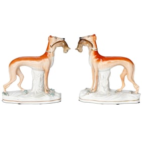 20th C. English Staffordshire Porcelain Greyhounds, Pair