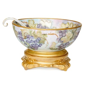 Vintage Ruth C. Parnell Hand Painted Porcelain Punch Bowl on Stand with Ladle