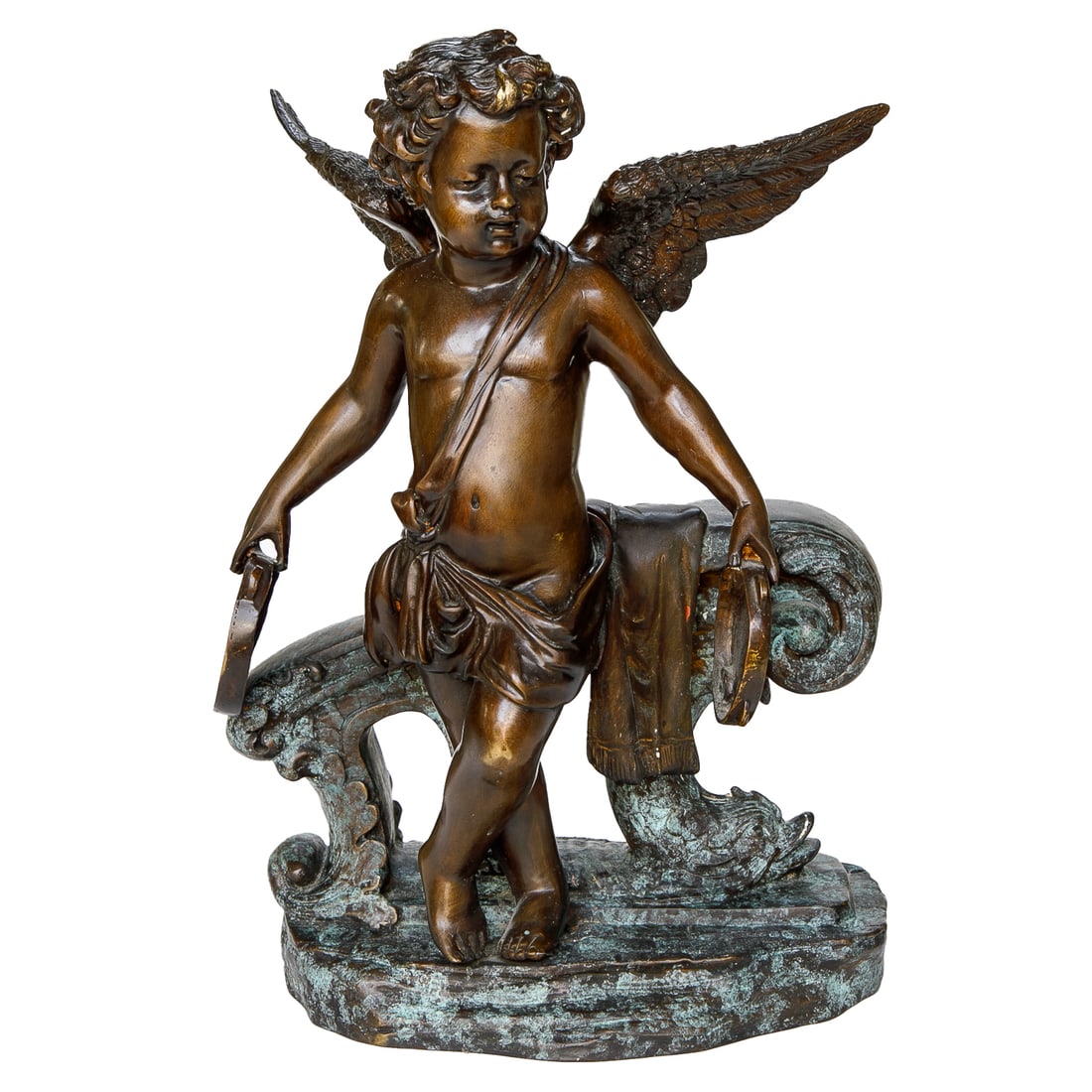 Patinated Bronze Sculpture Depicting Putti Holding Two Tambourines (1 of 9)