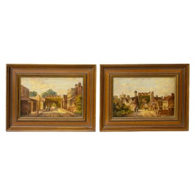 Antique E. Whiting, British, Street Scenes, Oil on Artist Board, Companion Pair