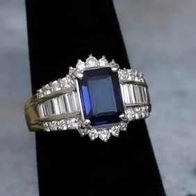 Platinum Blue Sapphire and Diamond Ring, Size 6.5