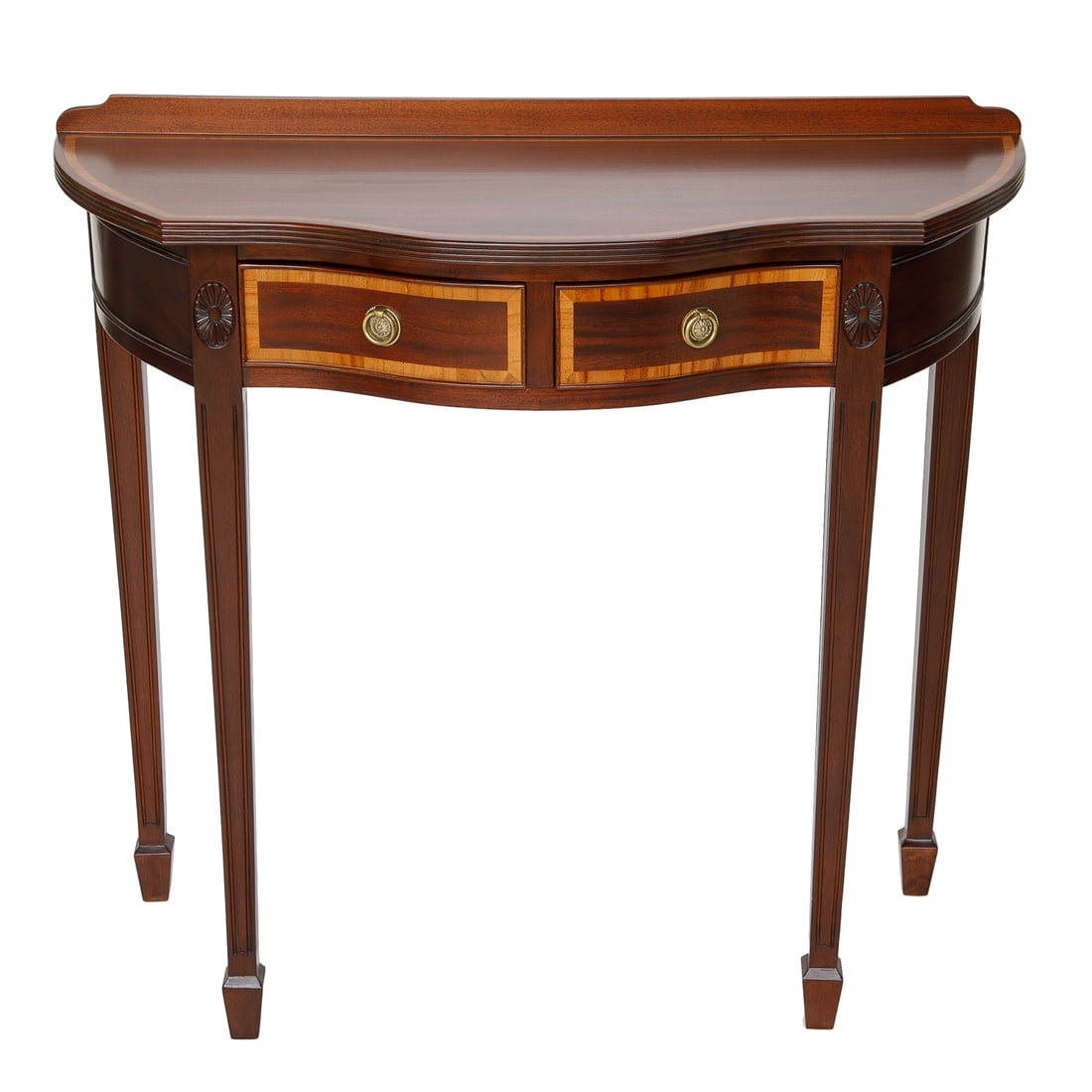 Vintage Davis Cabinet Company, Nashville, Tennessee Sheraton Style Mahogany Shaped Front Console: Vintage Davis Cabinet Company, Nashville, Tennessee Sheraton Style Mahogany Shaped Front Console Table, Having Shaped Top Featuring Satinwood Inlaid Banded Top, Small Back Splash, Reeded Edge, Two Dra