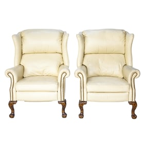 Action Industries, Inc. Vintage Ivory Leather Chippendale Style Wing Back Reclining Arm Chairs, Pair