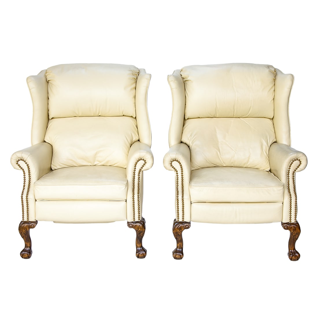 Action Industries, Inc. Vintage Ivory Leather Chippendale Style Wing Back Reclining Arm Chairs, Pair (1 of 8)