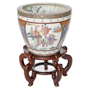 Vintage Chinese Porcelain Fish Bowl on Stand