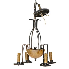Antique Petite Six Light Ebony Metal and Amber Glass Chandelier