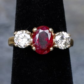 14K Yellow Gold Ruby and Diamond Ring, Size 4.75