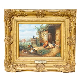 T. Francia Barnyard Scene, Oil on Artist Board