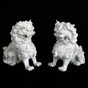 Vintage Carved Spinach Jade Two Part Guardian Foo Lions, Pair