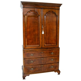 Walnut and Burl Walnut Linen Press with Shaped Panel Doors