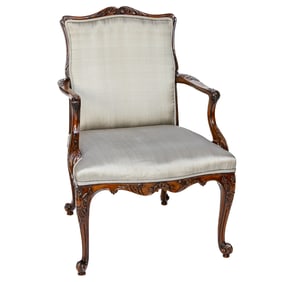 Early 20th C. Louis XV Style French Walnut Open Arm Chair