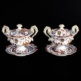 19th C. Minton Ironstone Sauce Tureens in Amherst Japan Pattern No 62, with Matching Under Plates