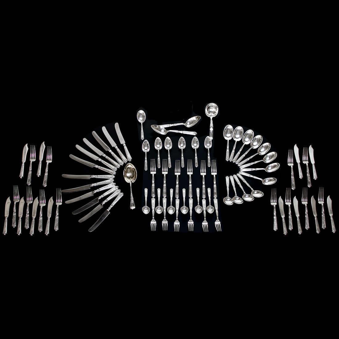 Antique Gorham Sterling Silver Flatware in Saint Dunstan Chased Pattern, Seventy-Six Pieces Total (1 of 7)