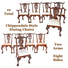 Set of Chippendale Style Mahogany Dining Chairs, Ten Total